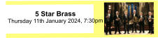 5 Star Brass Thursday 11th January 2024, 7:30pm